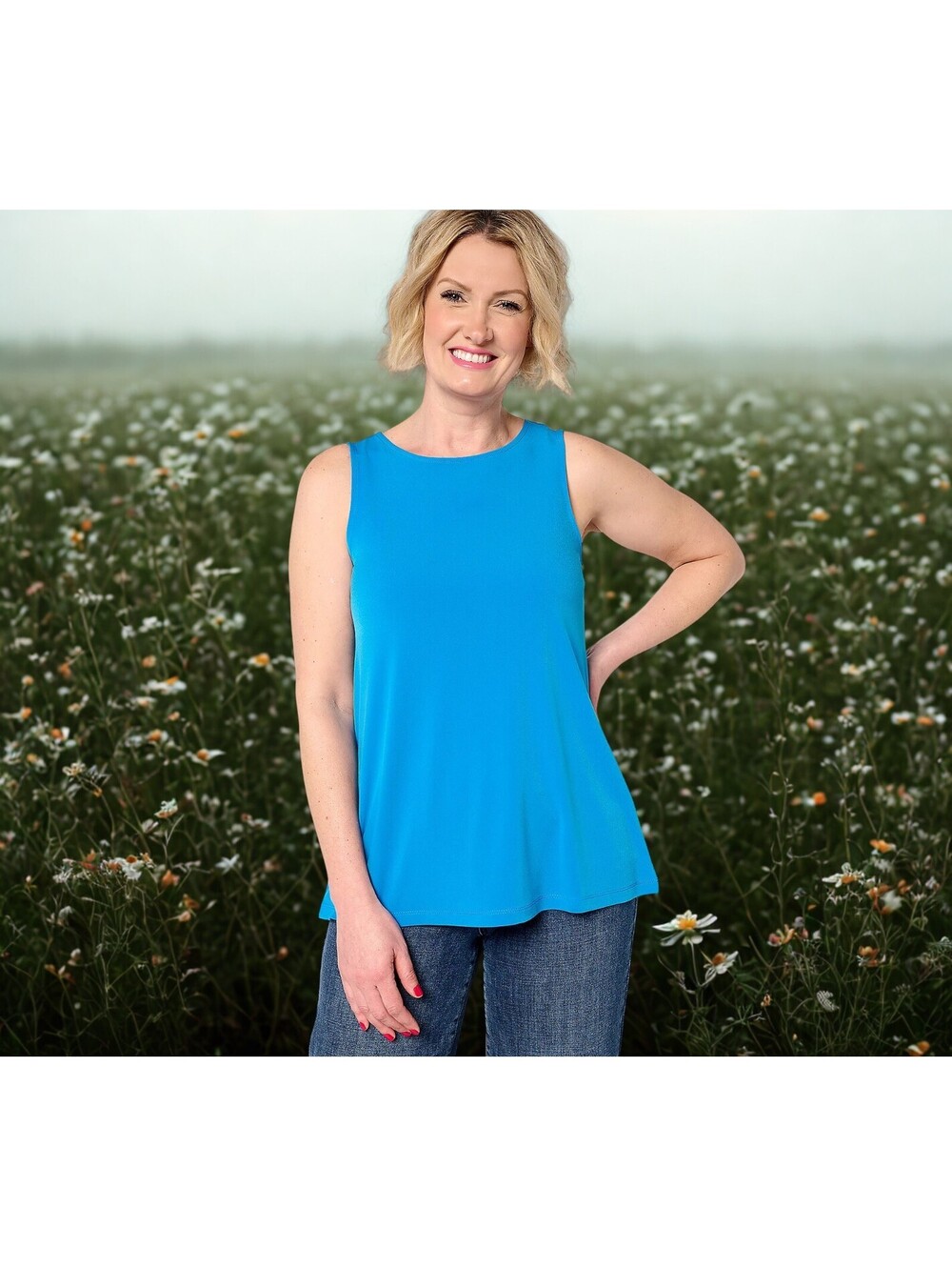 Susan Graver Petite Modern Essentials Liquid Knit A Line Tank BLUE Size XSP